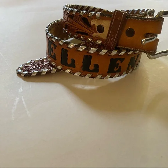 Tony Lama customized name Ellen leather tooled flower floral western buckle belt Leather Belt  main image 2